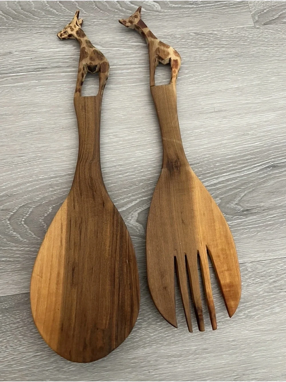 Hand-Carved Wooden Giraffe Salad Servers - Brown